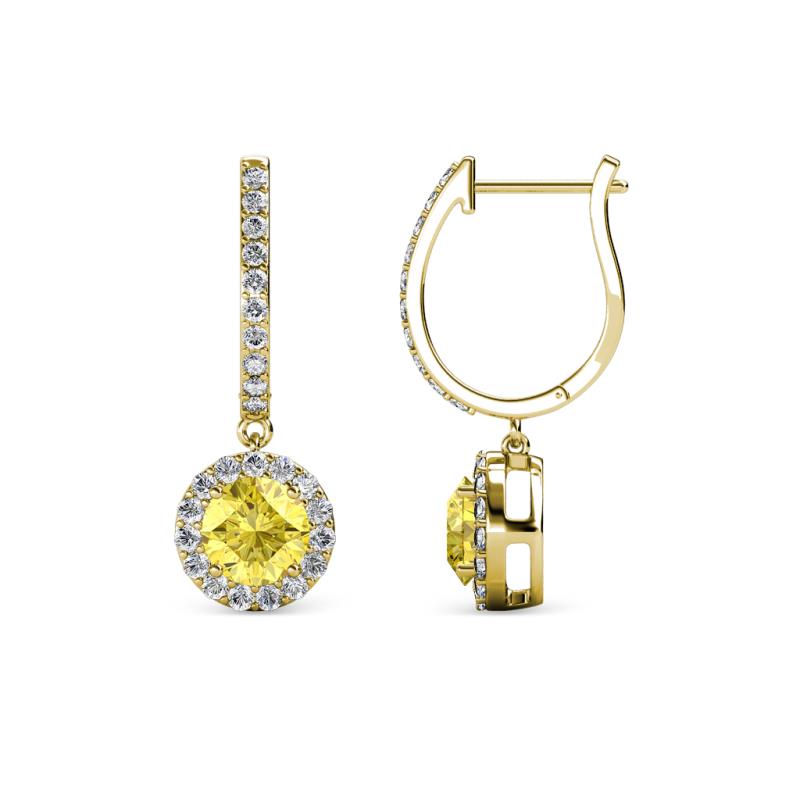 Ilona (5mm) Round Lab Created Yellow Sapphire and Diamond Halo Dangling Earrings 