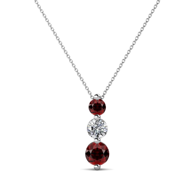 Kesha (3.4mm) Round Red Garnet and Diamond Graduated Three Stone Drop Pendant 