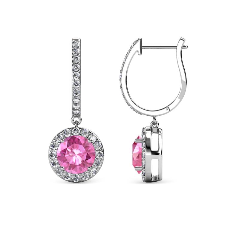 Ilona (6mm) Round Pink Sapphire and Diamond Halo Dangling Earrings 
