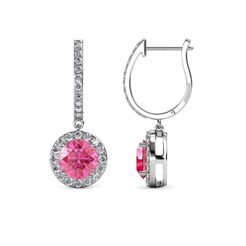 Ilona (6mm) Round Pink Tourmaline and Diamond Halo Dangling Earrings 
