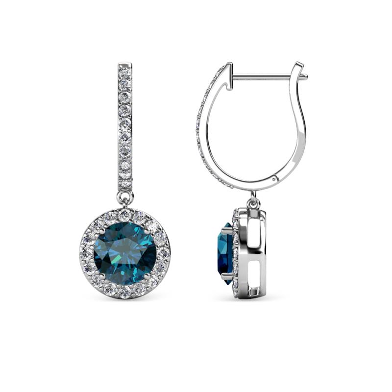 Ilona (6mm) Round Blue and White Diamond Halo Dangling Earrings 