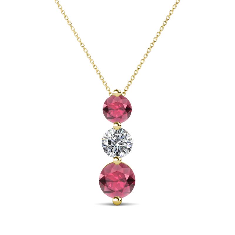 Kesha (4.2mm) Round Rhodolite Garnet and Lab Grown Diamond Graduated Three Stone Drop Pendant 