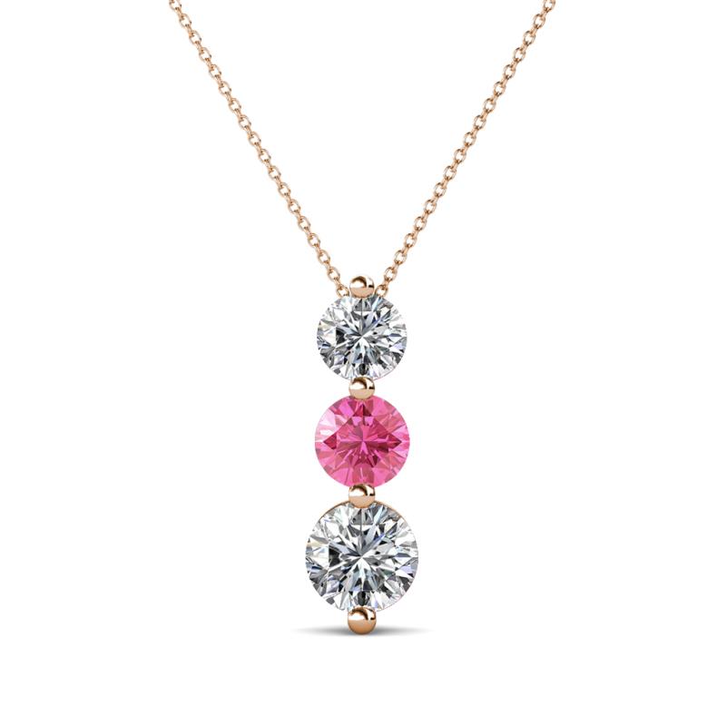 Kesha (4.2mm) Round Pink Tourmaline and Diamond Graduated Three Stone Drop Pendant 