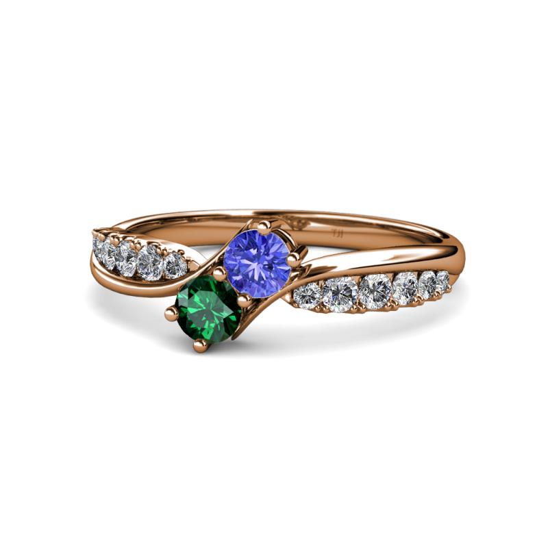 Nicia Tanzanite and Emerald with Side Diamonds Bypass Ring 