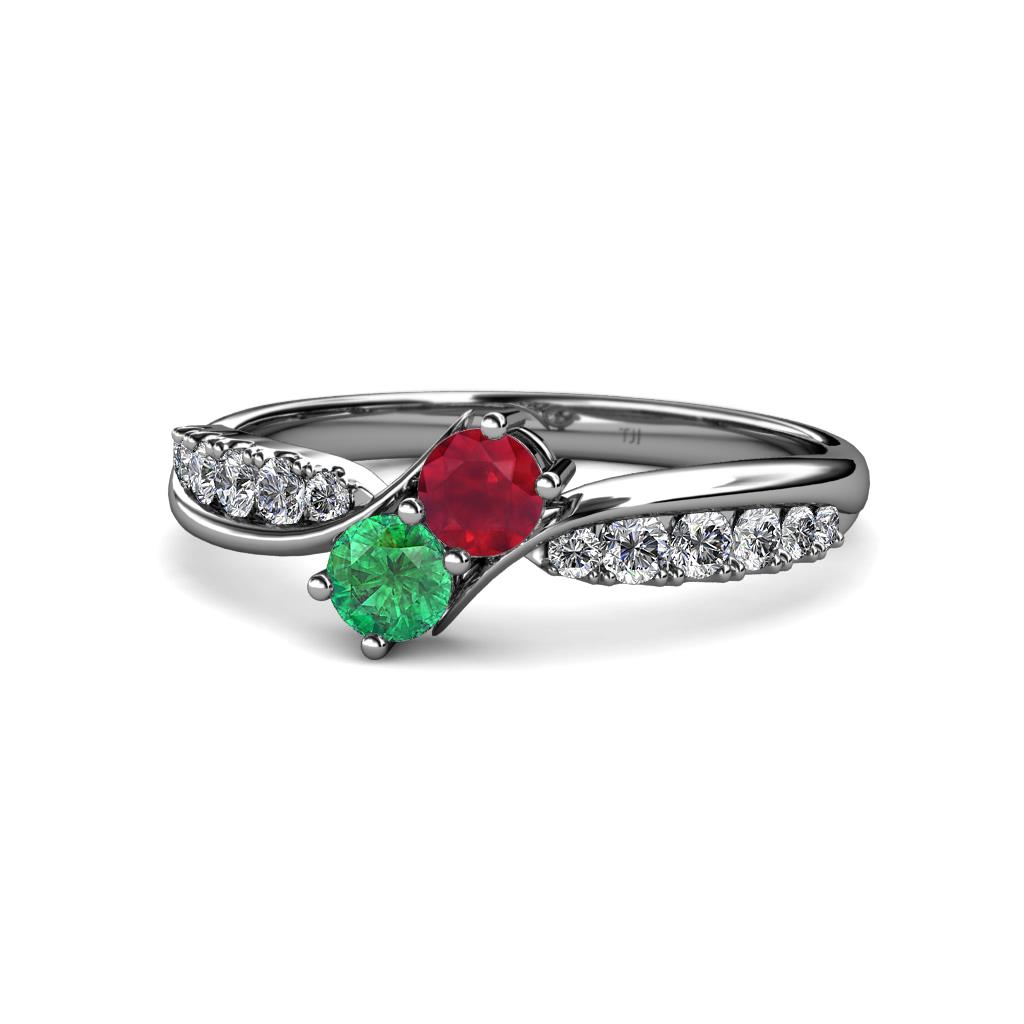 Nicia Ruby and Emerald with Side Diamonds Bypass Ring 