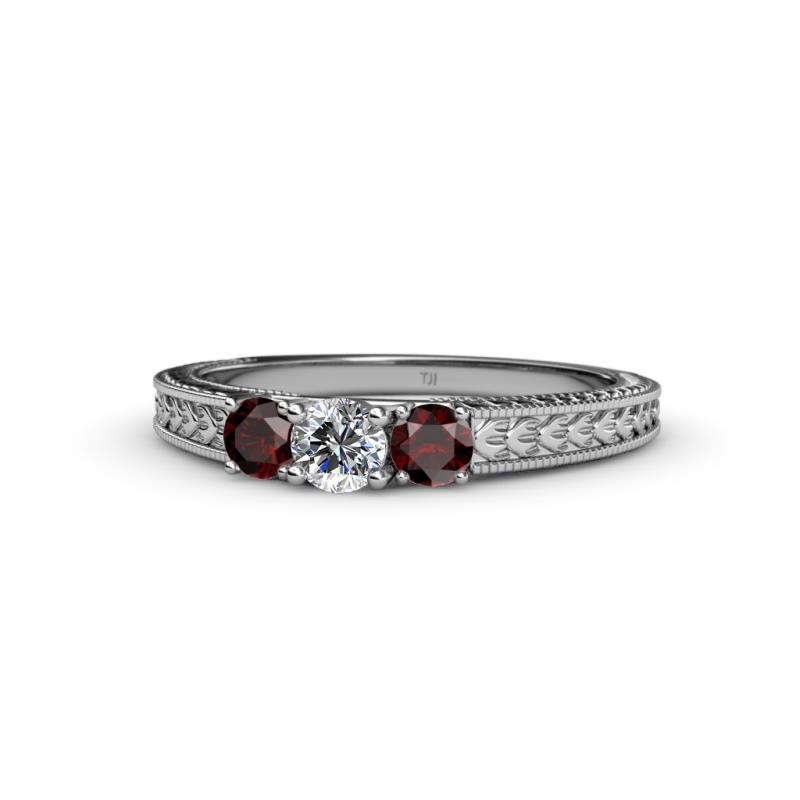 Reveka Red Garnet and Lab Grown Diamond Three Stone Engagement Ring 