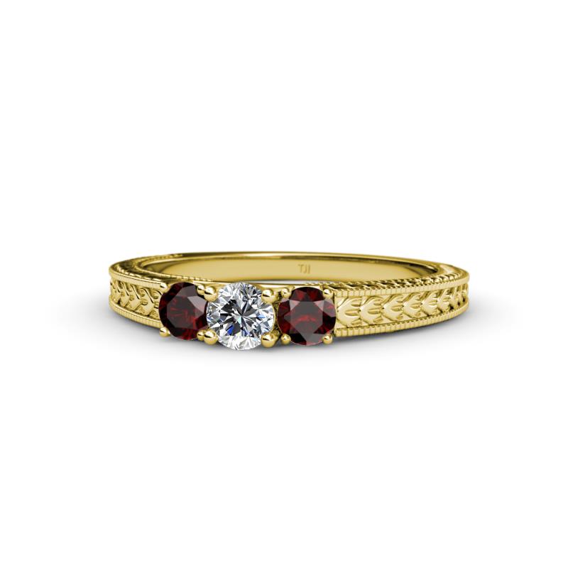 Reveka Red Garnet and Lab Grown Diamond Three Stone Engagement Ring 