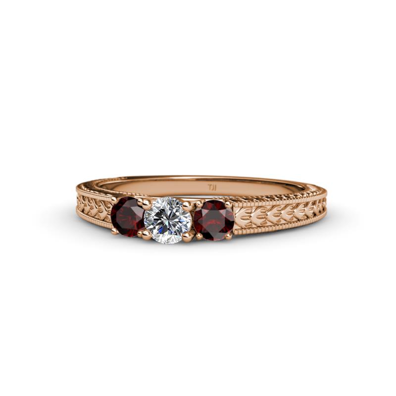 Reveka Red Garnet and Lab Grown Diamond Three Stone Engagement Ring 