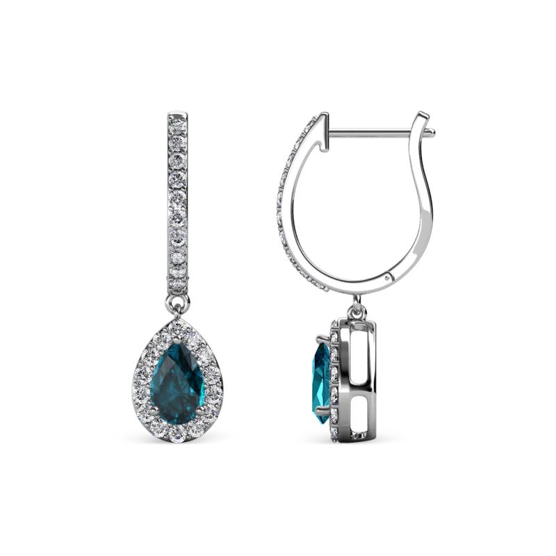 Ilona 0.98 ctw London Blue Topaz Pear Shape (5x3 mm) with accented Diamond Halo Dangling Earrings 