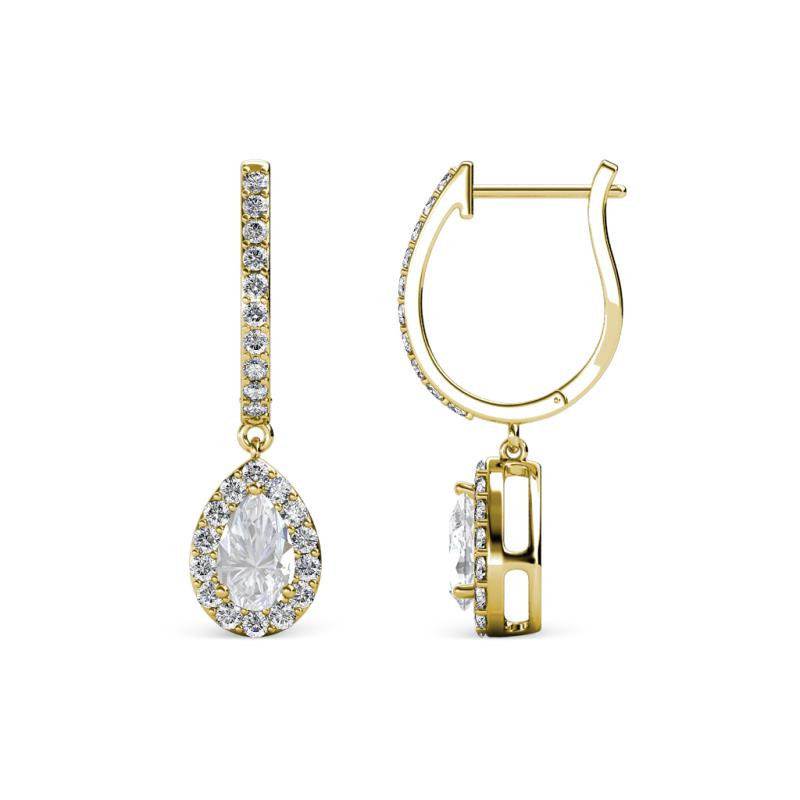 Ilona 1.08 ctw White Sapphire Pear Shape (5x3 mm) with accented Diamond Halo Dangling Earrings 