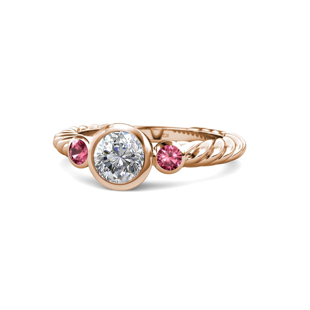 Azalea Pink Tourmaline and Lab Grown Diamond Three Stone Engagement Ring 