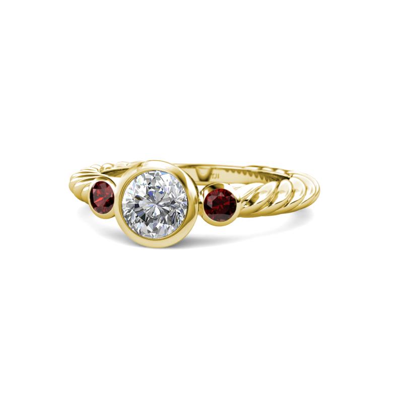 Azalea Red Garnet and Lab Grown Diamond Three Stone Engagement Ring 