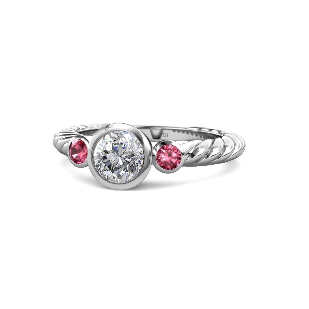 Azalea Pink Tourmaline and Lab Grown Diamond Three Stone Engagement Ring 