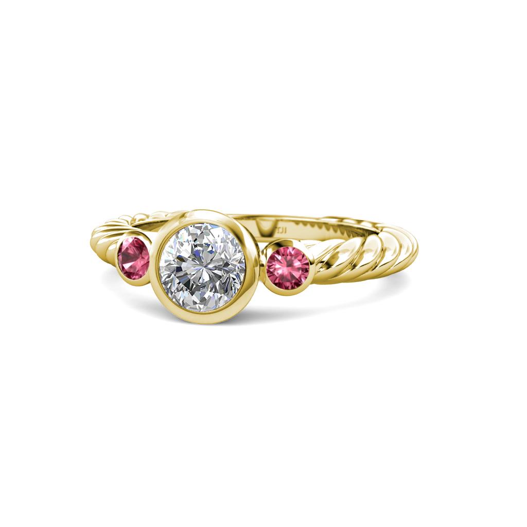 Azalea Pink Tourmaline and Lab Grown Diamond Three Stone Engagement Ring 