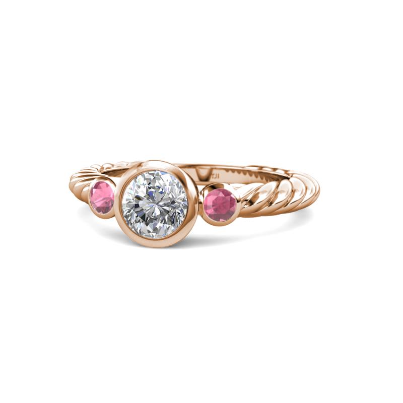 Azalea Rhodolite Garnet and Lab Grown Diamond Three Stone Engagement Ring 