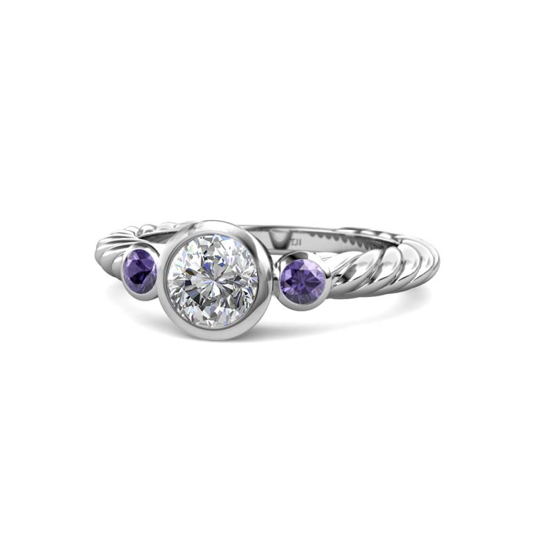 Azalea Iolite and Lab Grown Diamond Three Stone Engagement Ring 