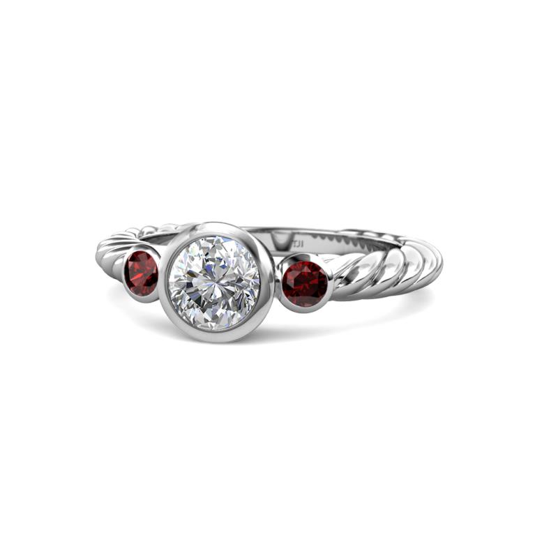 Azalea Red Garnet and Lab Grown Diamond Three Stone Engagement Ring 