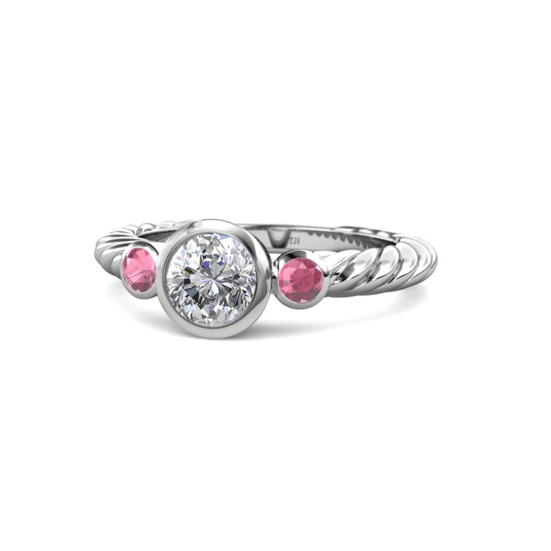 Azalea Rhodolite Garnet and Lab Grown Diamond Three Stone Engagement Ring 