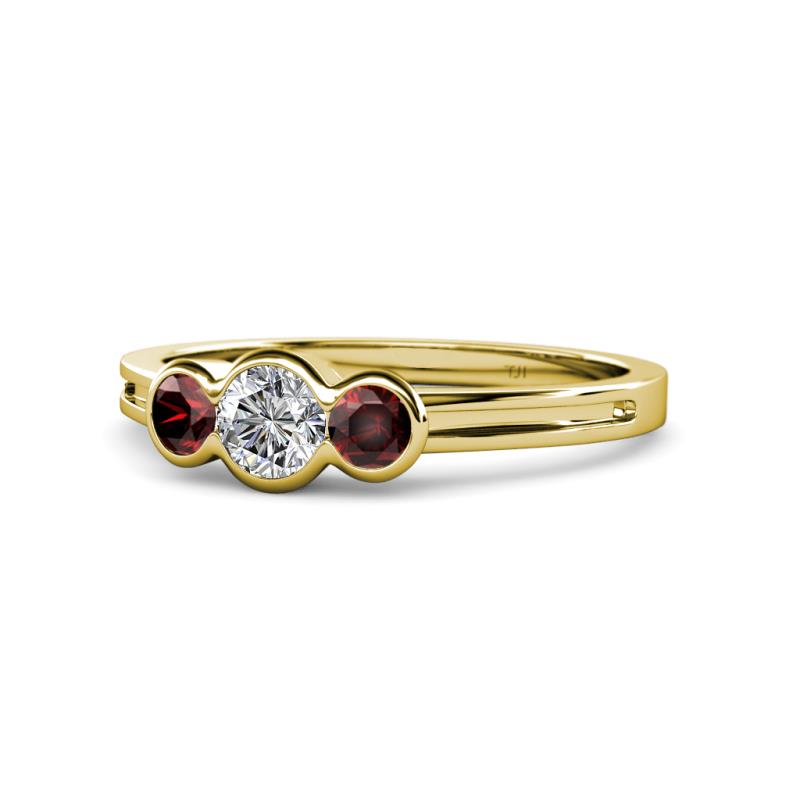 Irina 0.54 ctwLab Grown Diamond With Side Red Garnet Three Stone Engagement Ring 