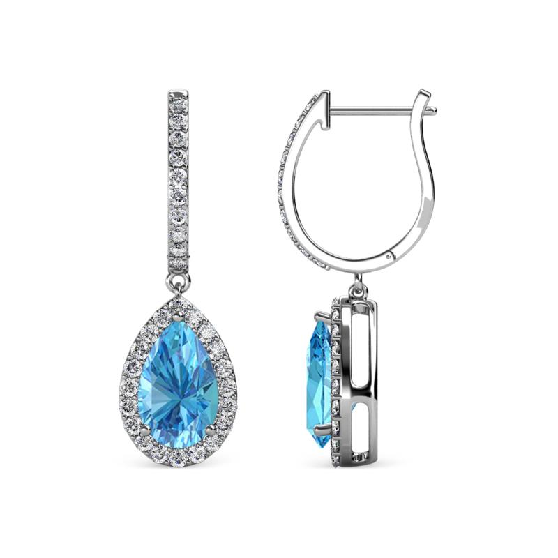 Ilona 2.04 ctw Blue Topaz Pear Shape (7x5 mm) with accented Diamond Halo Dangling Earrings 