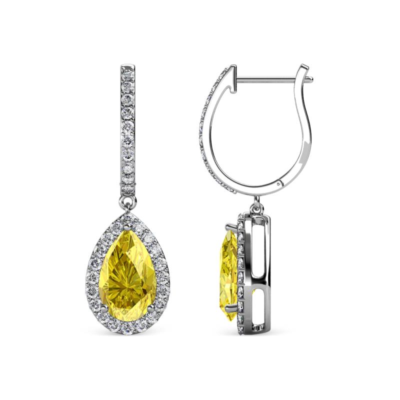 Ilona 2.14 ctw Yellow Sapphire Pear Shape (7x5 mm) with accented Diamond Halo Dangling Earrings 