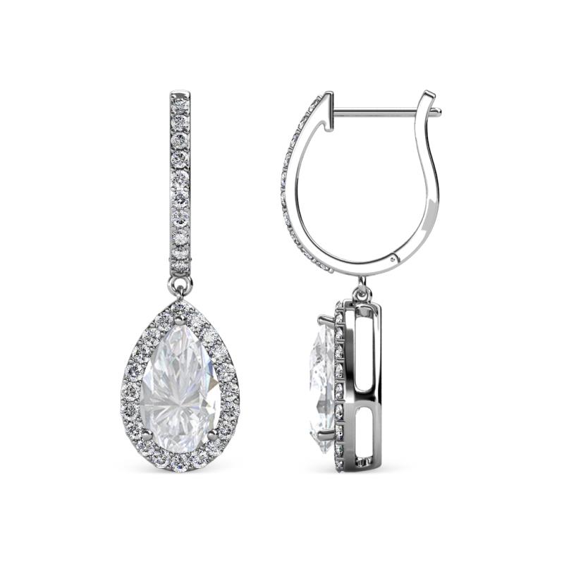 Ilona 2.14 ctw White Sapphire Pear Shape (7x5 mm) with accented Diamond Halo Dangling Earrings 