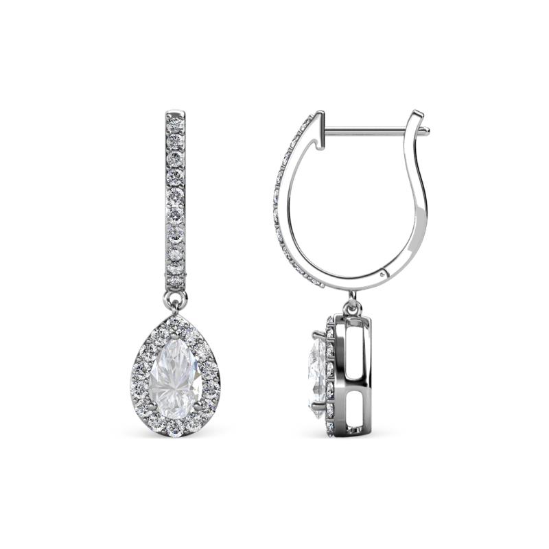 Ilona 1.08 ctw White Sapphire Pear Shape (5x3 mm) with accented Diamond Halo Dangling Earrings 