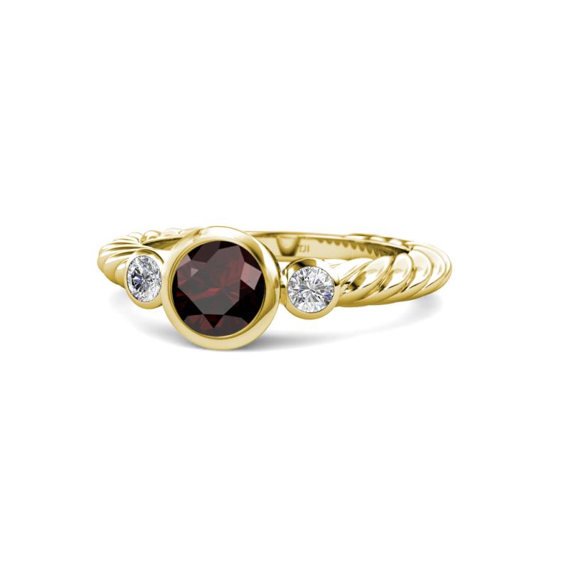 Azalea Red Garnet and Lab Grown Diamond Three Stone Engagement Ring 