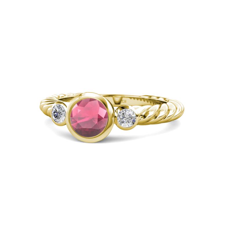 Azalea Rhodolite Garnet and Lab Grown Diamond Three Stone Engagement Ring 