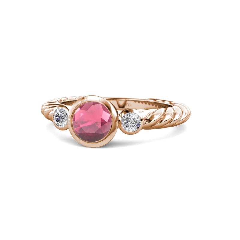 Azalea Rhodolite Garnet and Lab Grown Diamond Three Stone Engagement Ring 