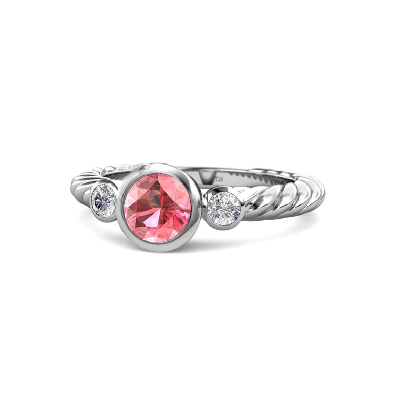 Azalea Pink Tourmaline and Lab Grown Diamond Three Stone Engagement Ring 