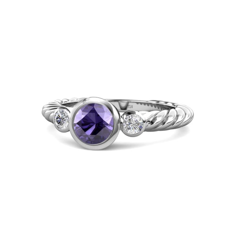 Azalea Iolite and Lab Grown Diamond Three Stone Engagement Ring 