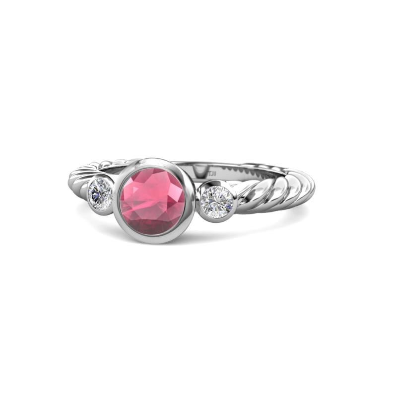 Azalea Rhodolite Garnet and Lab Grown Diamond Three Stone Engagement Ring 