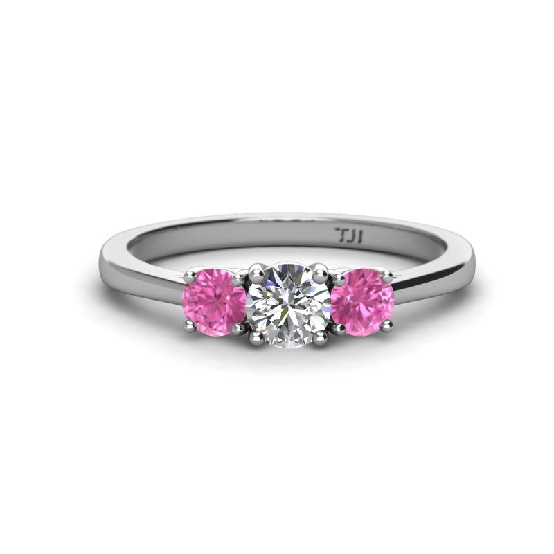Quyen 1.03 ctw (5.00 mm) Round Lab Grown Diamond and Pink Sapphire Three Stone Engagement Ring 