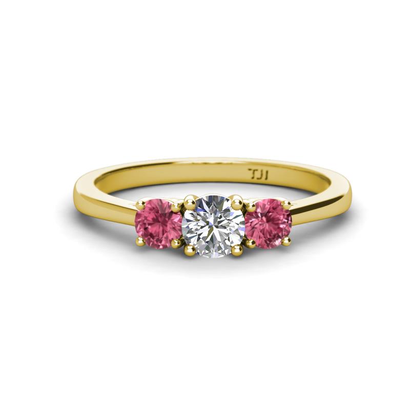 Quyen 0.90 ctw (5.00 mm) Round Lab Grown Diamond and Pink Tourmaline Three Stone Engagement Ring 