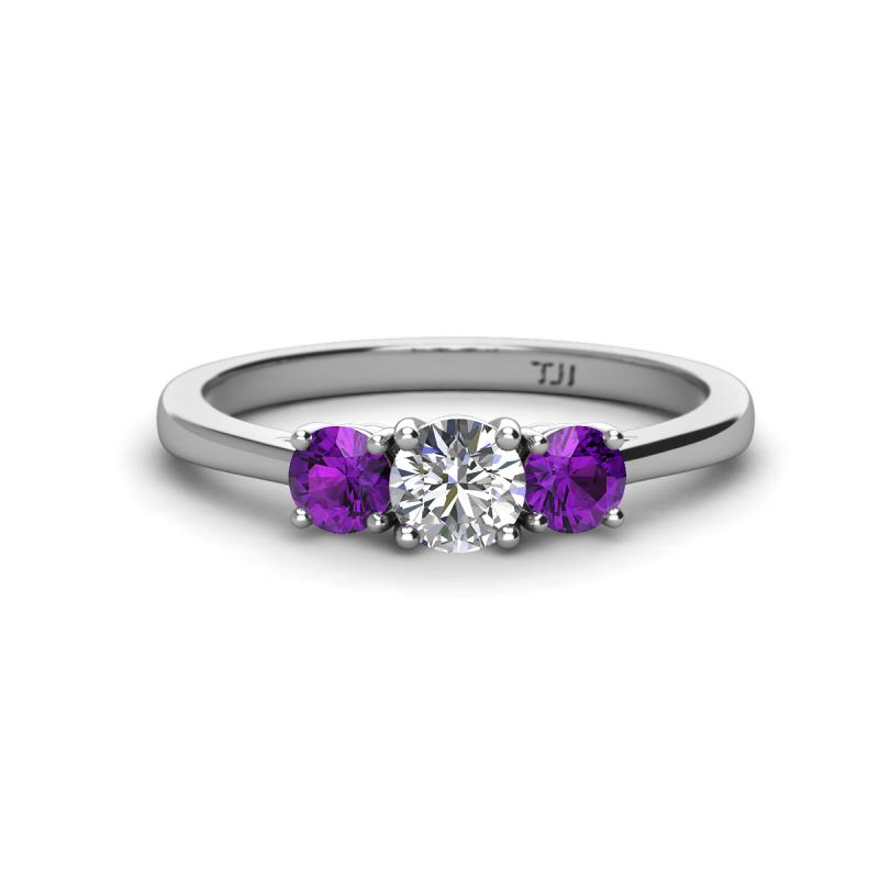 Quyen 0.90 ctw (5.00 mm) Round Lab Grown Diamond and Amethyst Three Stone Engagement Ring 