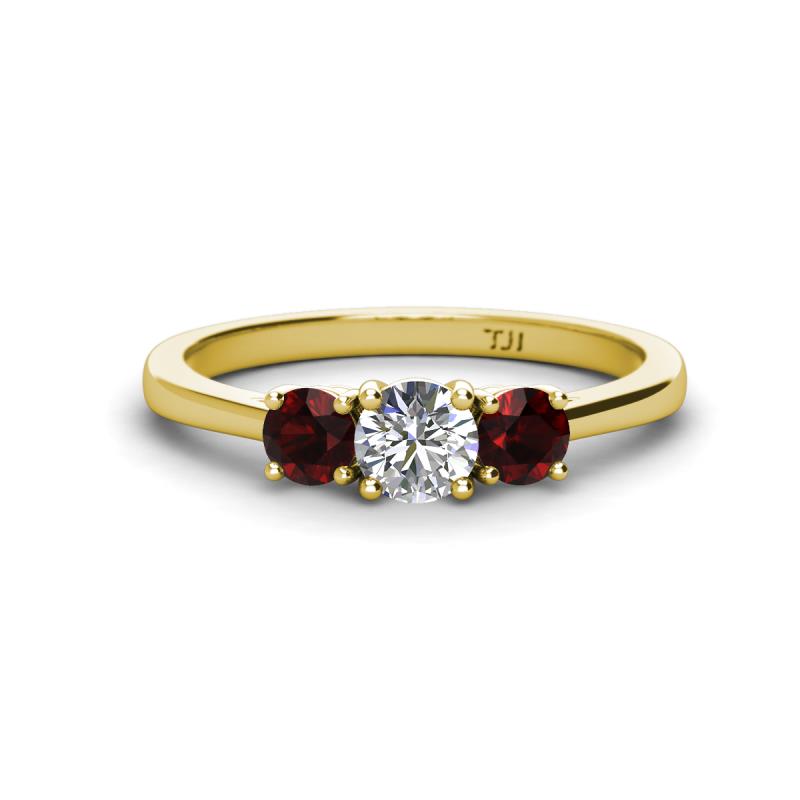 Quyen 1.14 ctw (5.00 mm) Round Lab Grown Diamond and Red Garnet Three Stone Engagement Ring 
