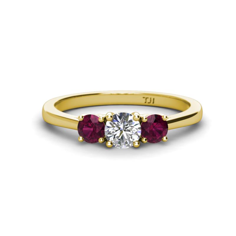 Quyen 1.13 ctw (5.00 mm) Round Lab Grown Diamond and Rhodolite Garnet Three Stone Engagement Ring 