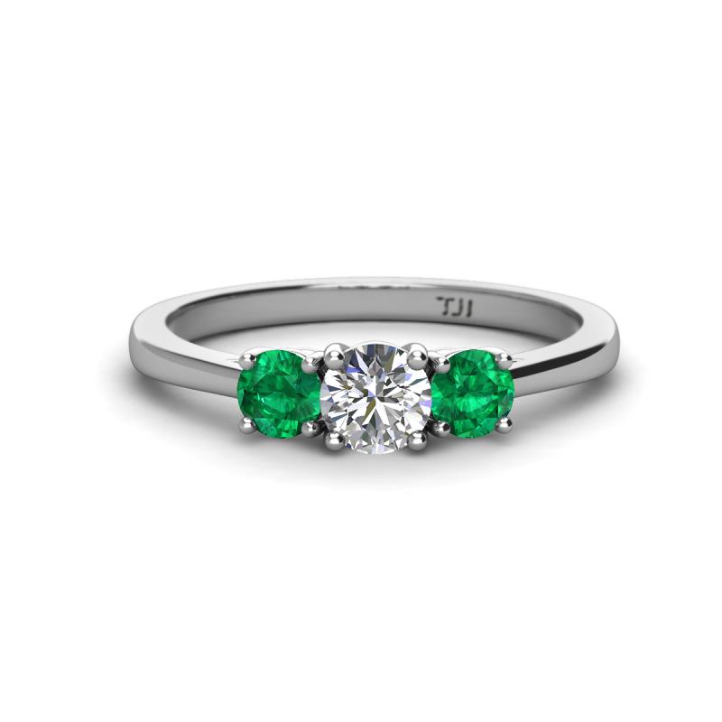 Quyen 1.00 ctw (5.00 mm) Round Lab Grown Diamond and Emerald Three Stone Engagement Ring 