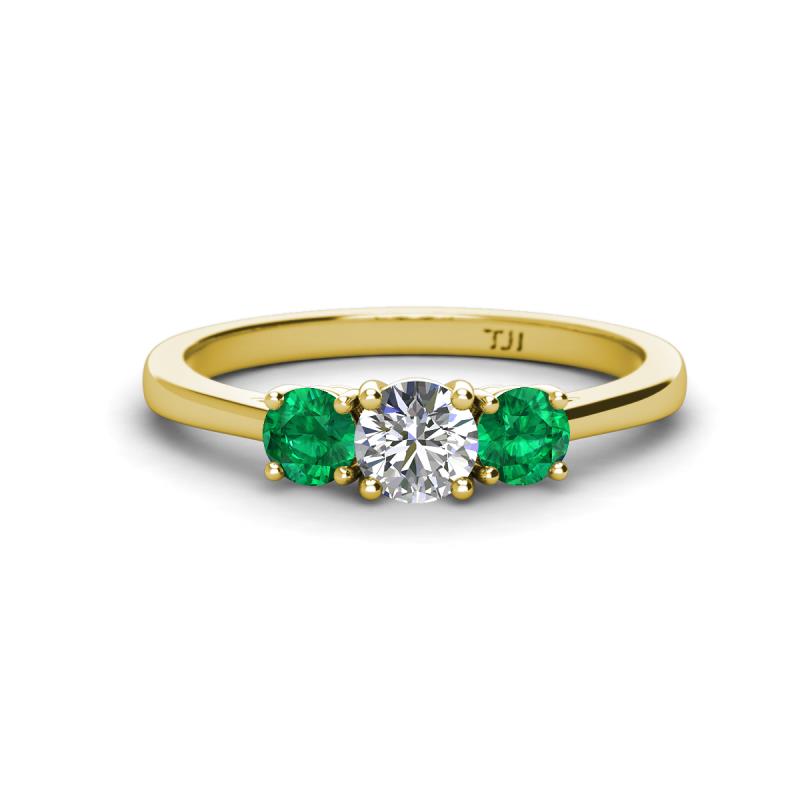 Quyen 1.00 ctw (5.00 mm) Round Lab Grown Diamond and Emerald Three Stone Engagement Ring 