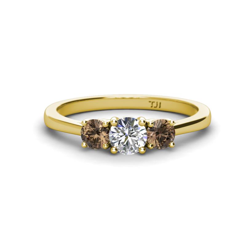 Quyen 0.98 ctw (5.00 mm) Round Lab Grown Diamond and Smoky Quartz Three Stone Engagement Ring 
