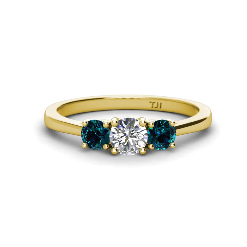 Quyen 1.00 ctw (5.00 mm) Round Lab Grown Diamond and Blue Diamond Three Stone Engagement Ring 