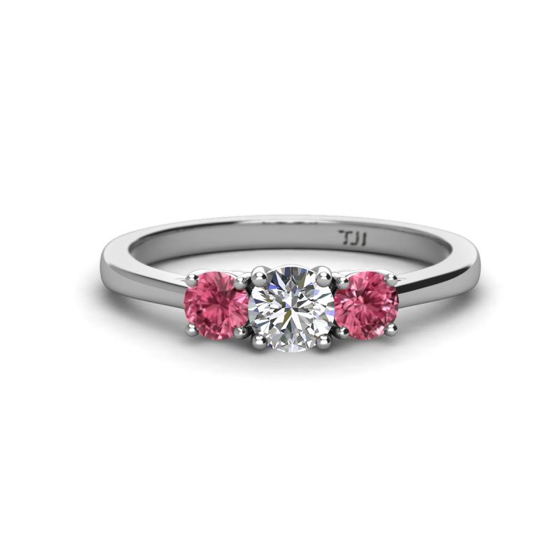 Quyen 0.90 ctw (5.00 mm) Round Lab Grown Diamond and Pink Tourmaline Three Stone Engagement Ring 
