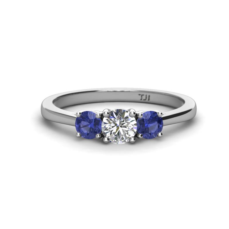Quyen 0.90 ctw (5.00 mm) Round Lab Grown Diamond and Iolite Three Stone Engagement Ring 