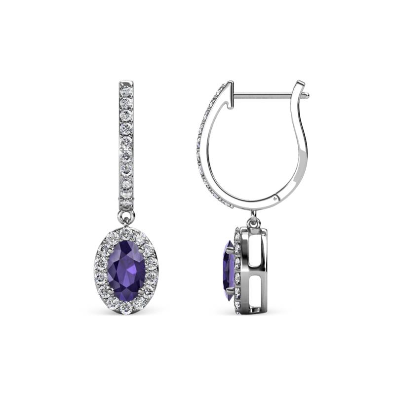 Ilona Oval Cut Iolite and Diamond Halo Dangling Earrings 