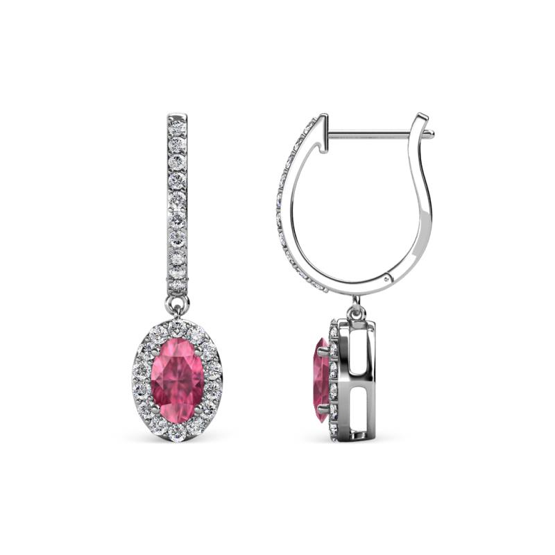 Ilona Oval Cut Pink Tourmaline and Diamond Halo Dangling Earrings 