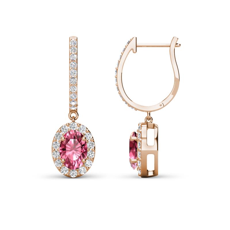 Ilona Oval Cut Pink Tourmaline and Diamond Halo Dangling Earrings 