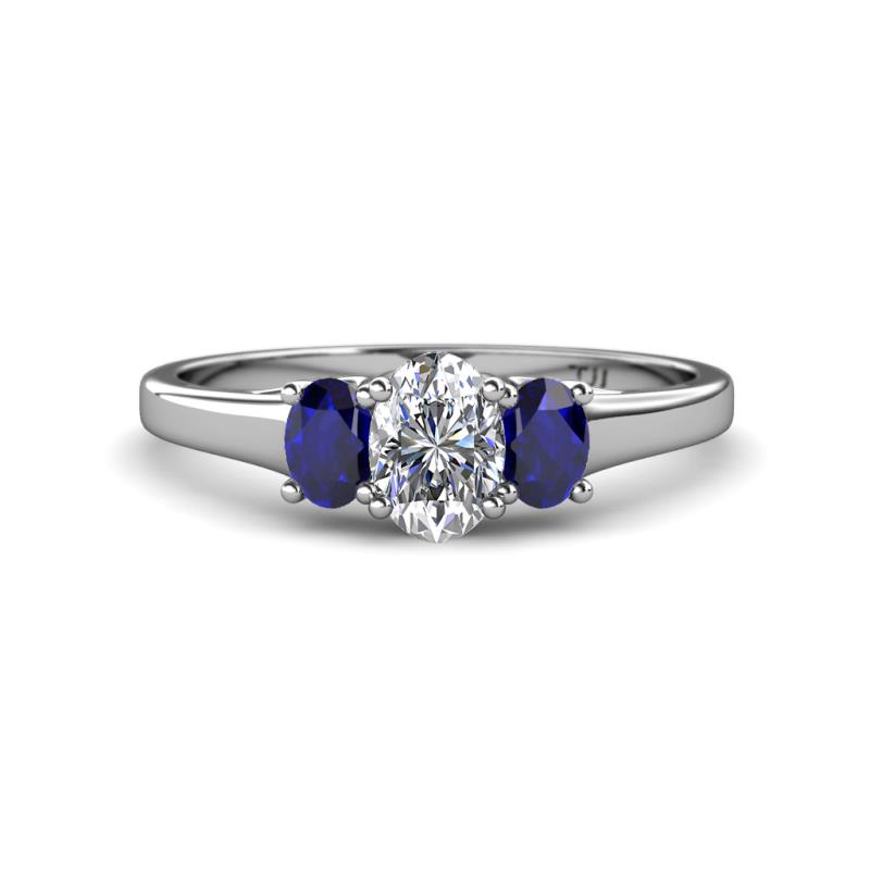 Orana 7x5 mm Oval Cut Diamond and Blue Sapphire 1.52 ctw Trellis Three Stone Engagement Ring 