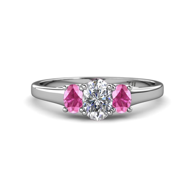 Orana 7x5 mm Oval Cut Diamond and Pink Sapphire 1.52 ctw Trellis Three Stone Engagement Ring 