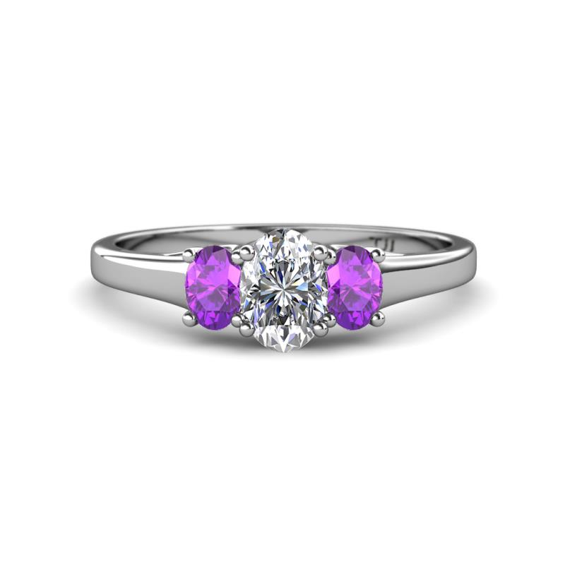 Orana 7x5 mm Oval Cut Diamond and Amethyst 1.45 ctw Trellis Three Stone Engagement Ring 